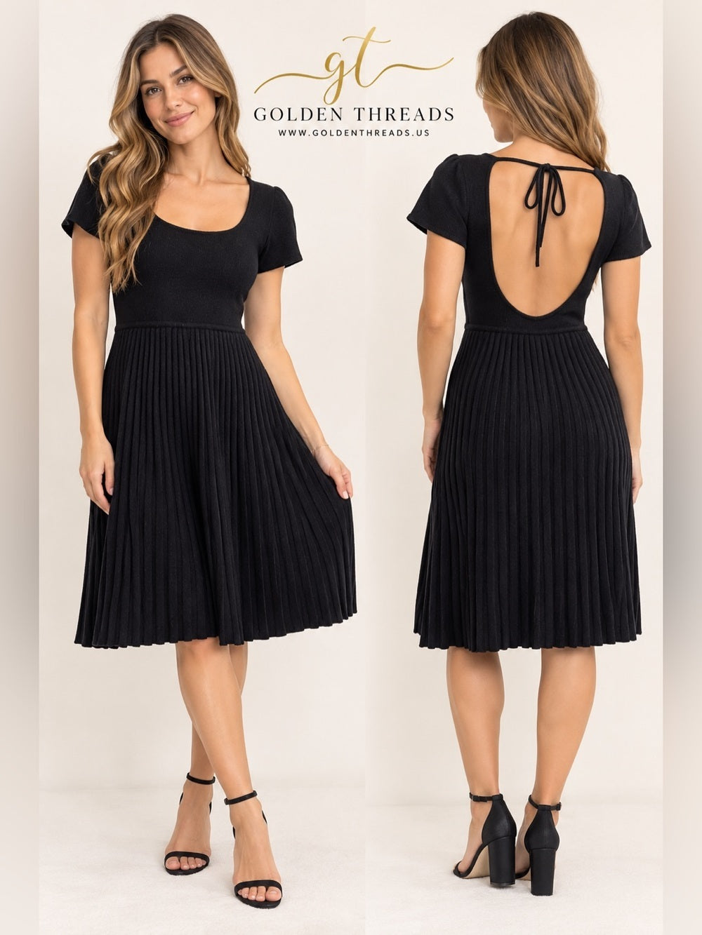 GT-0236 Forum Tufi Duek Black Wool Blend Pleated Open Back Dress L