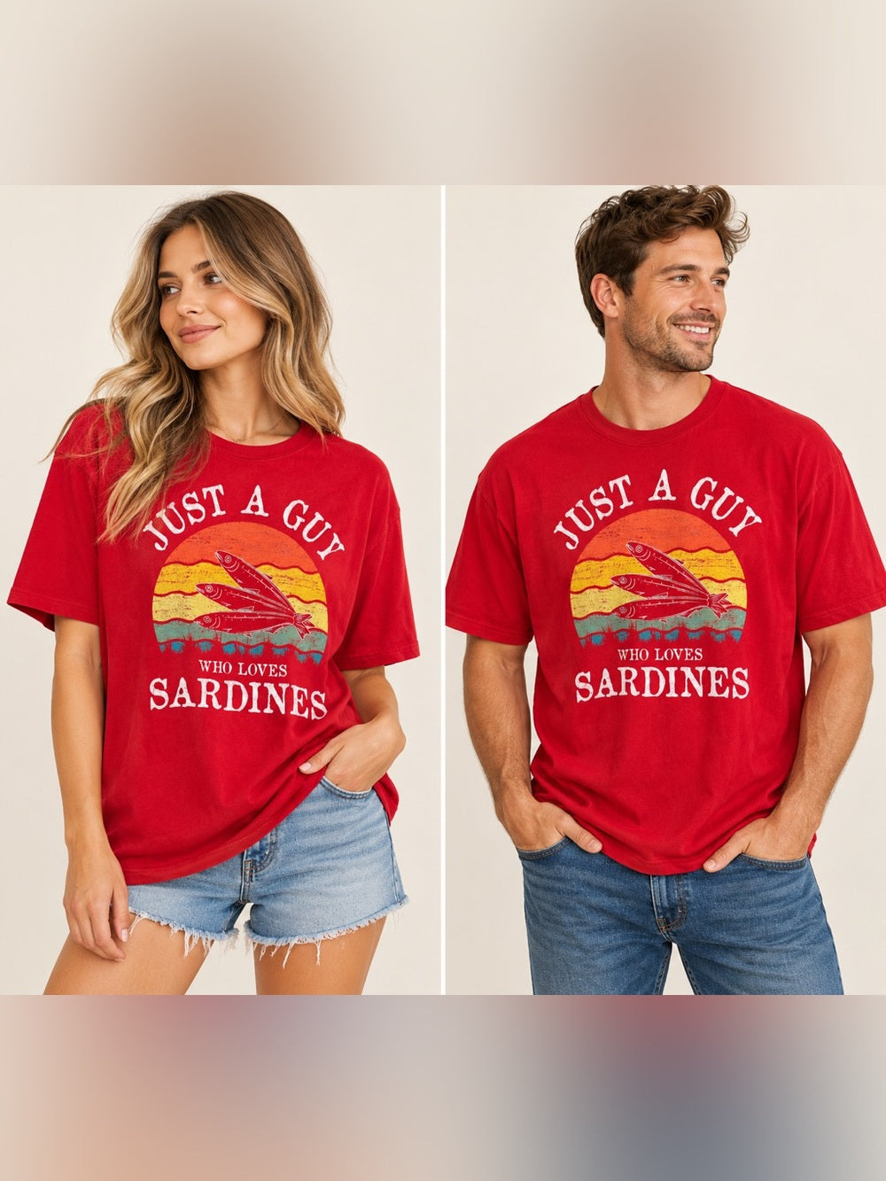 GT-0139 Just A Guy Who Loves Sardines Graphic T-Shirt XL Red Fish Foodie Tee
