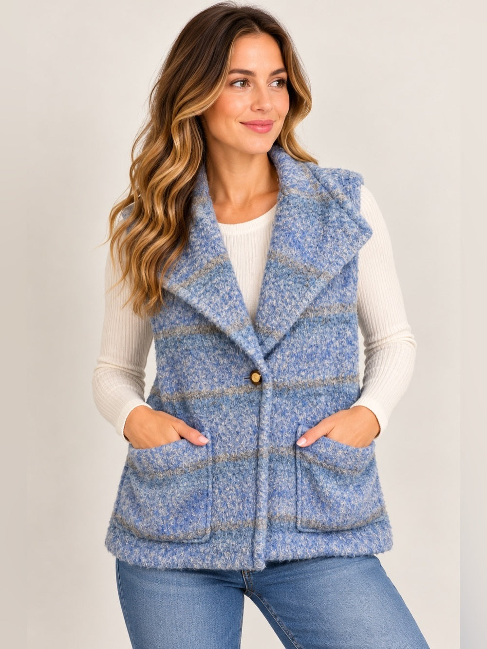 Anthropologie Blue Boucle Plaid Sleeveless Vest Gold Button Wool Look