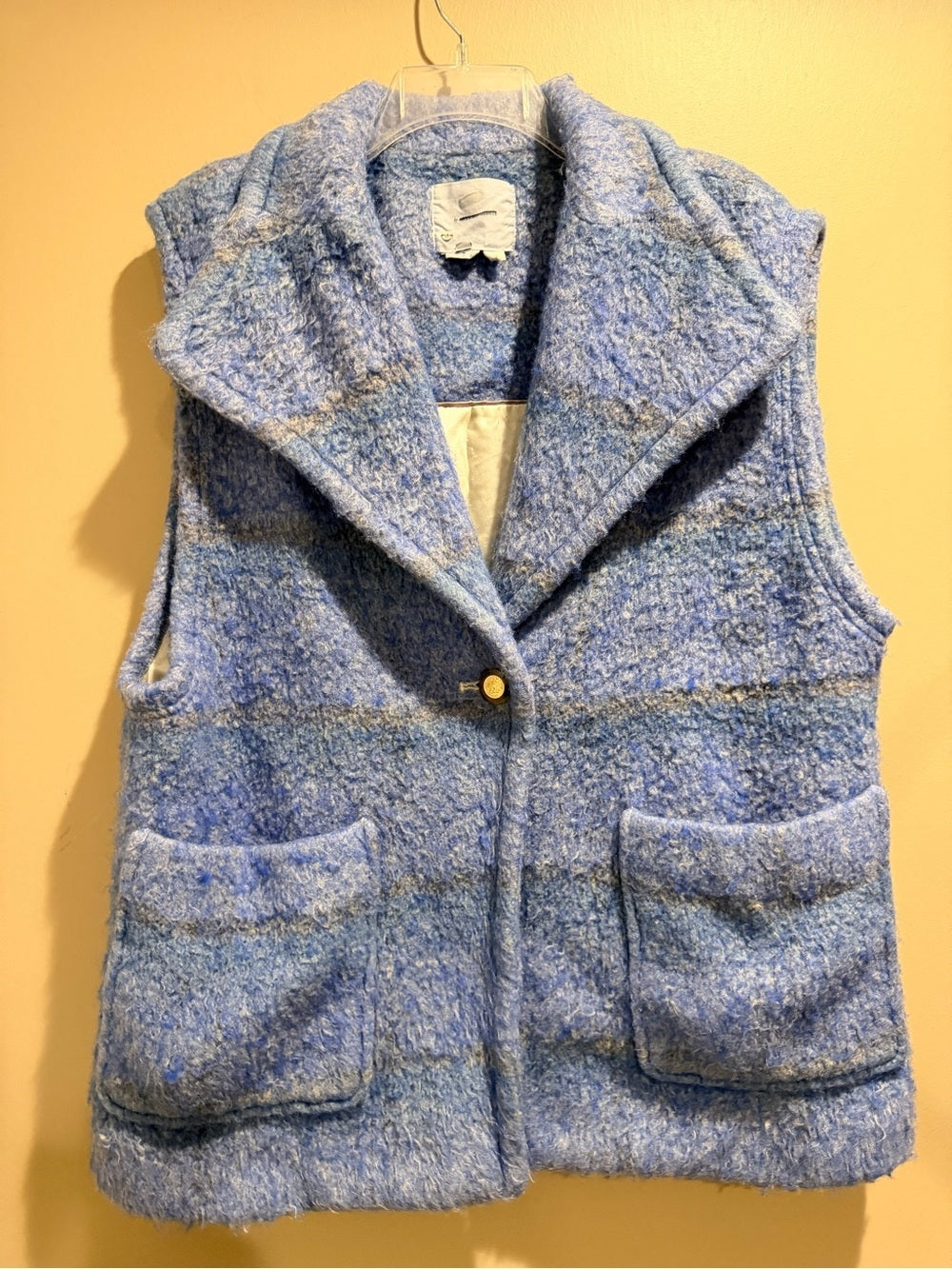 Anthropologie Blue Boucle Plaid Sleeveless Vest Gold Button Wool Look