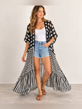 GT-0089 Free People Black White Mixed Print Ruffle Maxi Kimono Duster OS