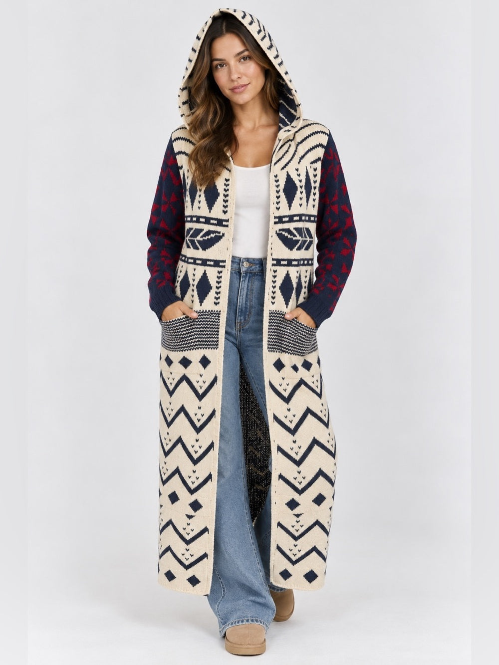 Hooded Knit Long Cardigan - Cream, Navy & Red