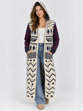 Hooded Knit Long Cardigan - Cream, Navy & Red