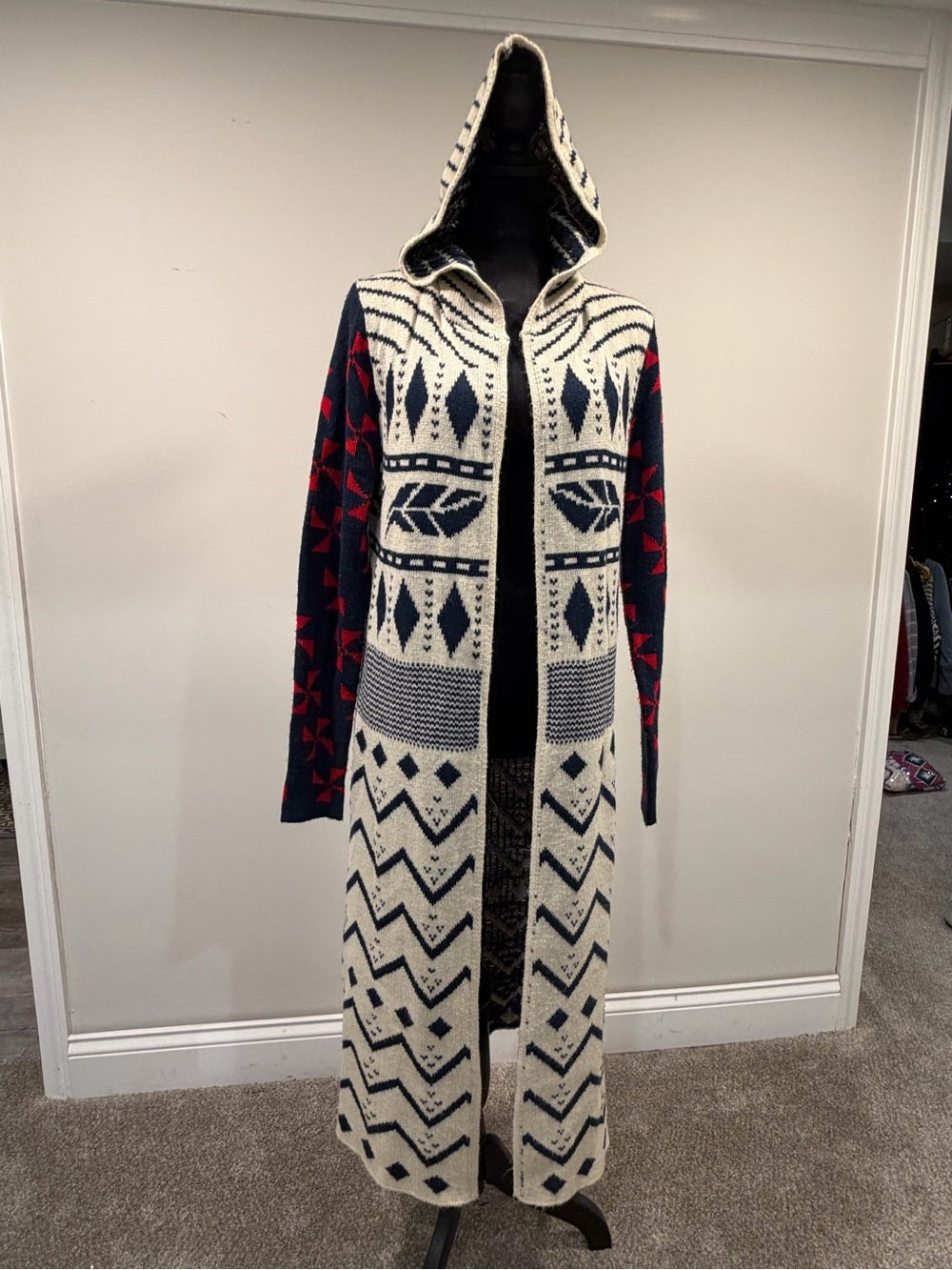Hooded Knit Long Cardigan - Cream, Navy & Red