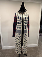 Hooded Knit Long Cardigan - Cream, Navy & Red