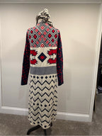 Hooded Knit Long Cardigan - Cream, Navy & Red