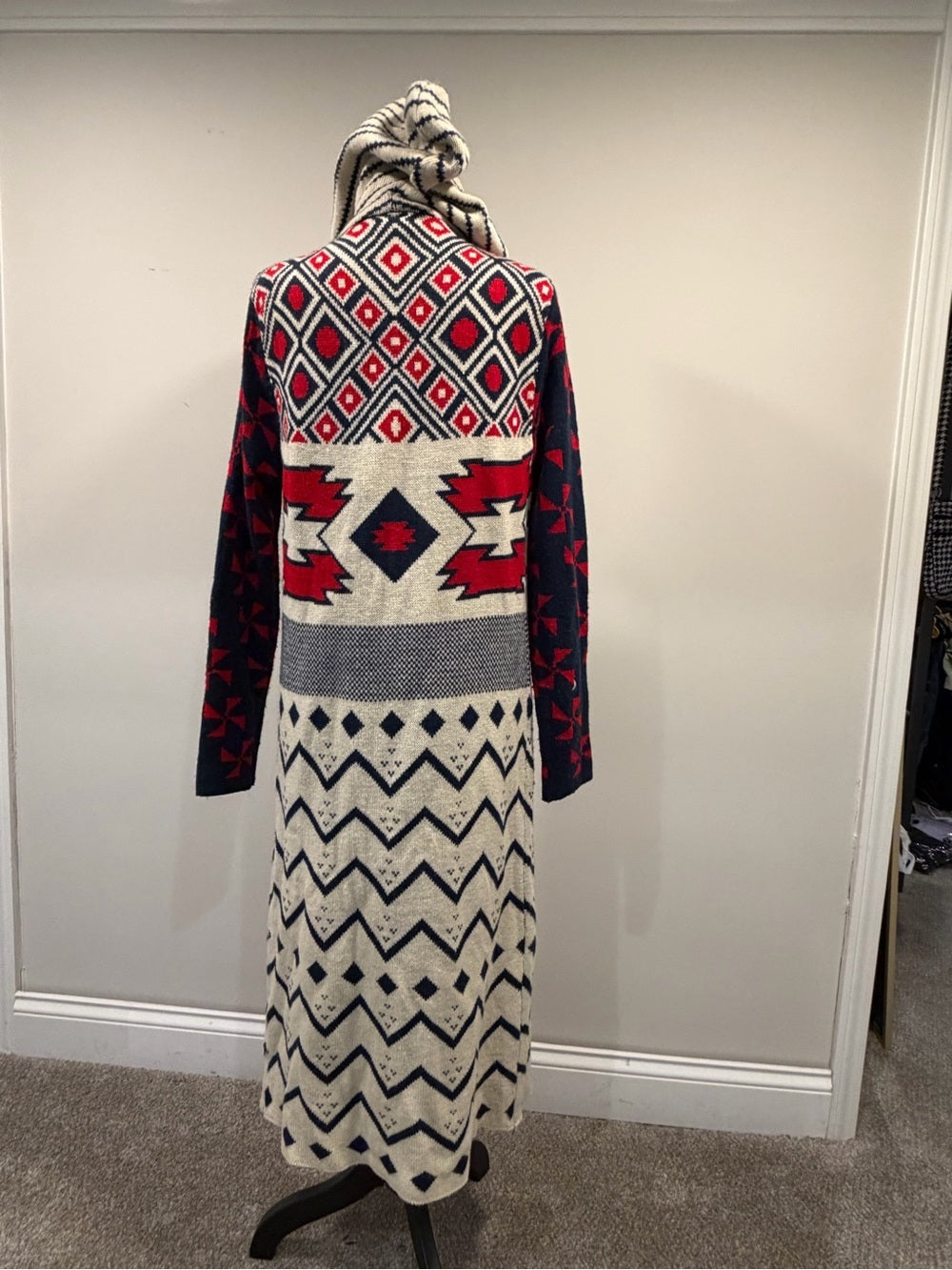 Hooded Knit Long Cardigan - Cream, Navy & Red