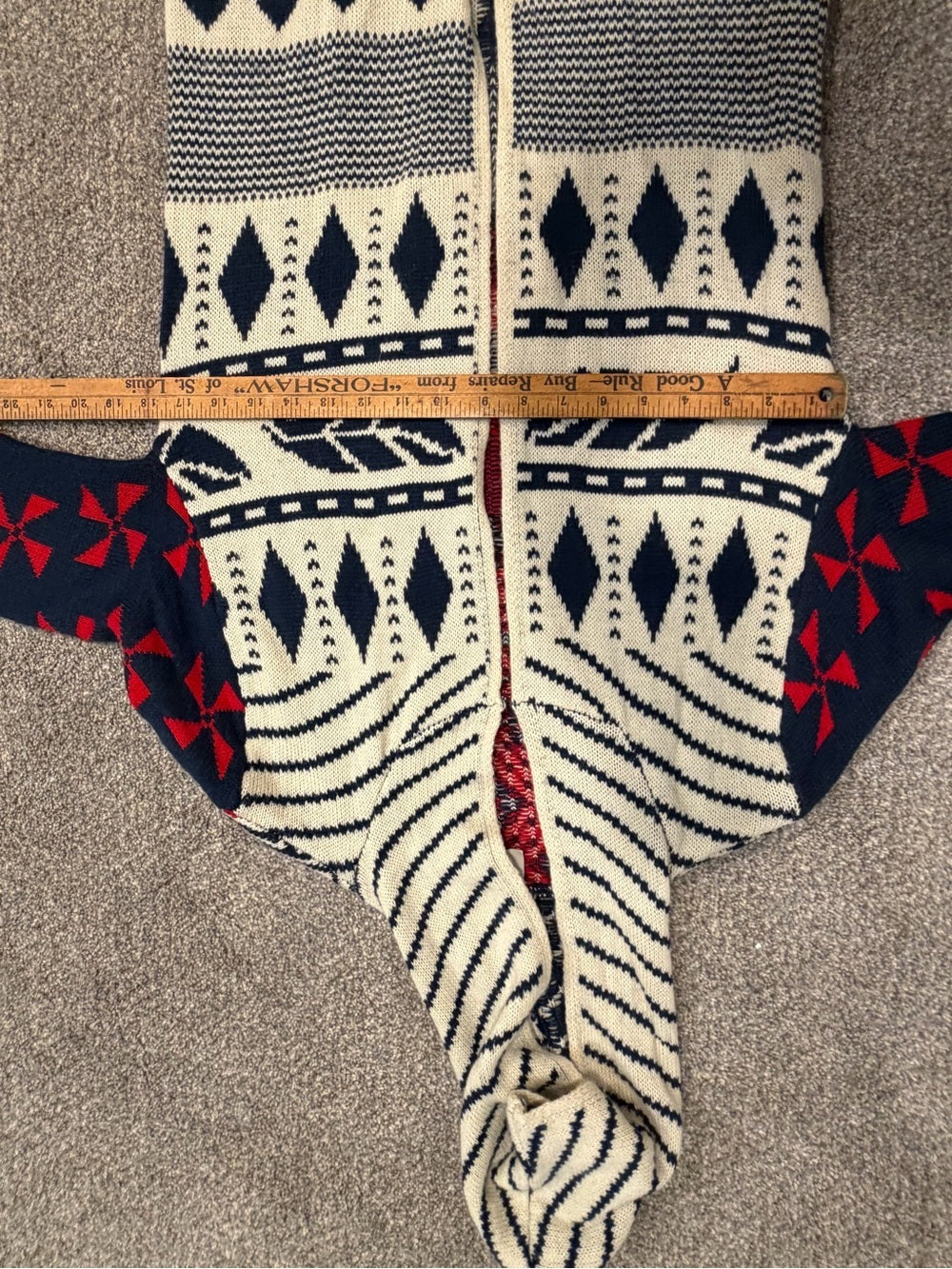 Hooded Knit Long Cardigan - Cream, Navy & Red