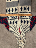 Hooded Knit Long Cardigan - Cream, Navy & Red