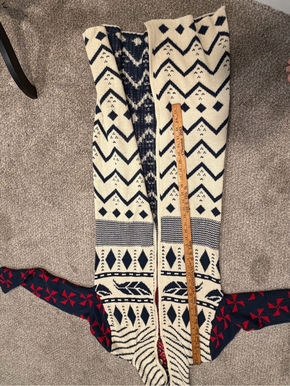Hooded Knit Long Cardigan - Cream, Navy & Red