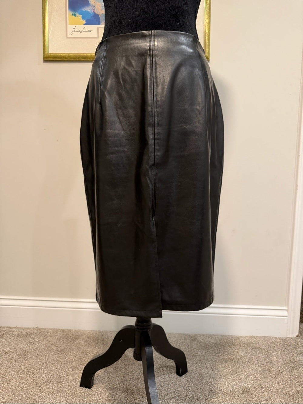 GT-0166 Black Faux Leather Midi Pencil Skirt Front Slit High Waist Minimalist