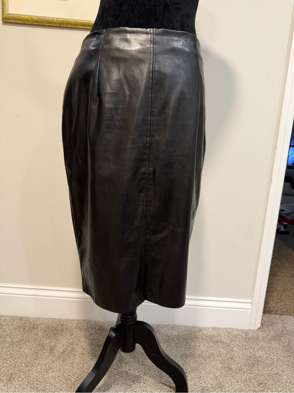 GT-0166 Black Faux Leather Midi Pencil Skirt Front Slit High Waist Minimalist