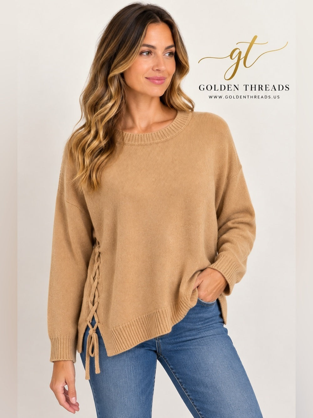GT-0192 Vince 100% Cashmere Camel Side Lace Up Sweater L Quiet Luxury