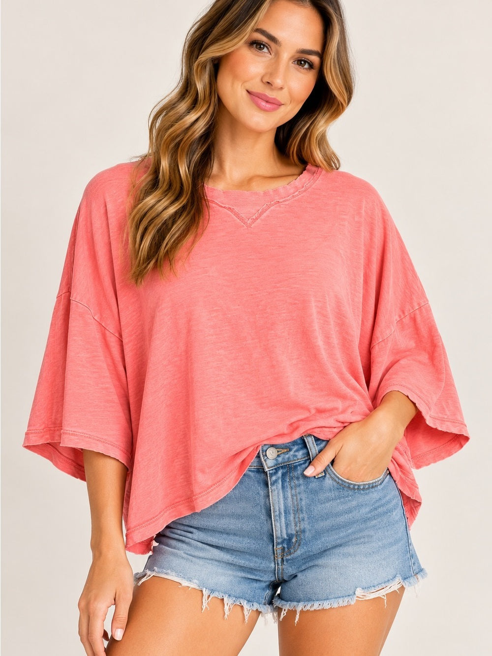 GT-0231 Aerie Oversized Coral Pink Cotton Raw Edge Boxy Tee M/L