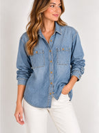 GT-0091 Indigo Palms Denim Company Chambray Shirt L Blue Button Front