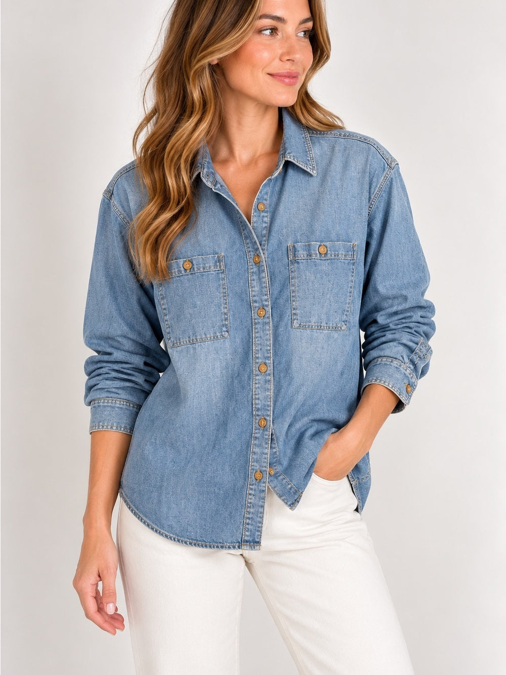 GT-0091 Indigo Palms Denim Company Chambray Shirt L Blue Button Front