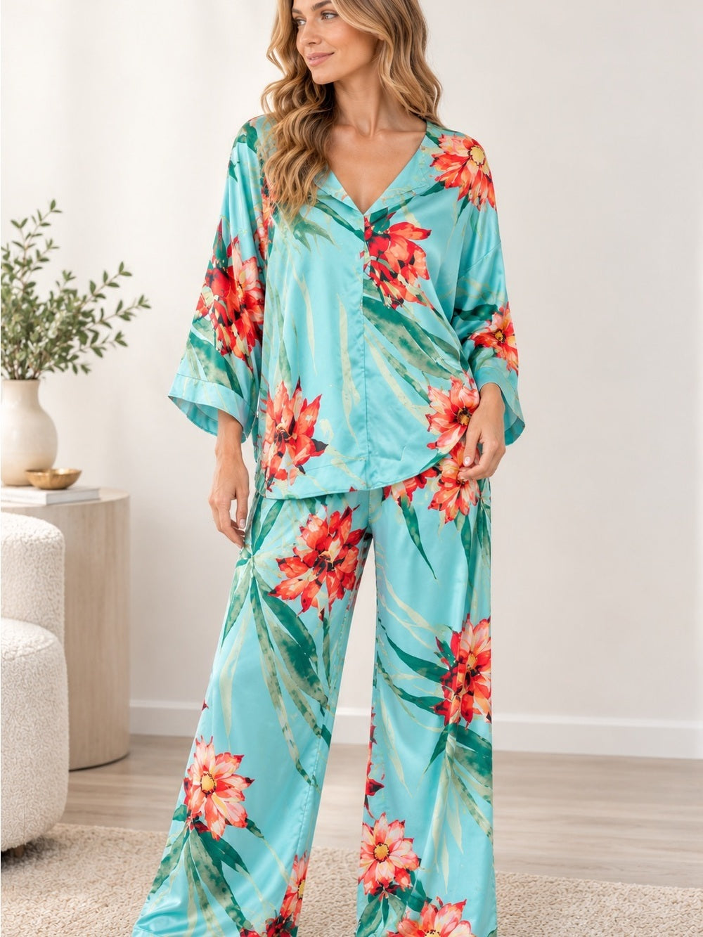 GT-0143 Natori Floral Satin Pajama Set Large Aqua Tropical Wide Leg