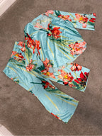 GT-0143 Natori Floral Satin Pajama Set Large Aqua Tropical Wide Leg