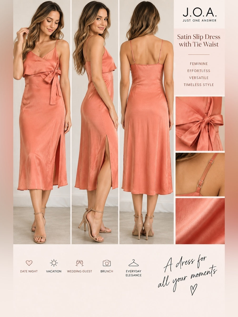 GT-23 J.O.A. Coral-Peach Slip Dress with Tie Waist