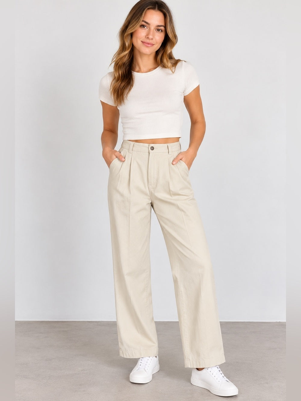 GT-9 Bow and Arrow Jeans Cream High Rise Pleated Straight Leg Trousers