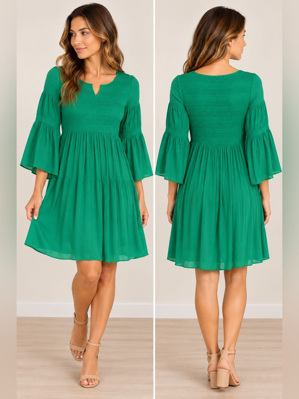 GT-62 Emma & Michele Girls' Emerald Green Pleated Bell-Sleeve Dress
