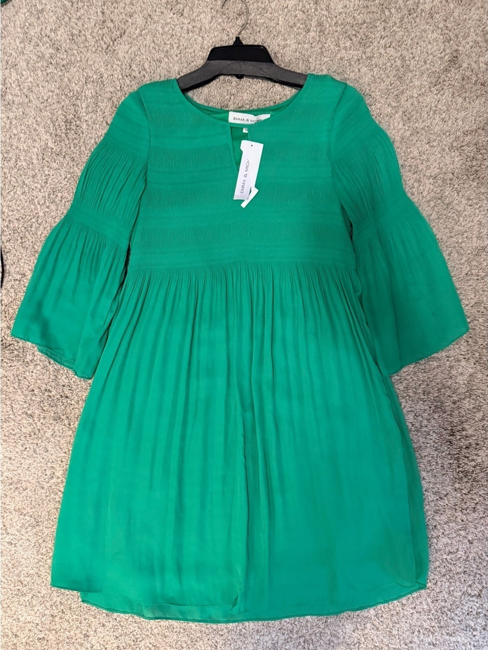 GT-62 Emma & Michele Girls' Emerald Green Pleated Bell-Sleeve Dress