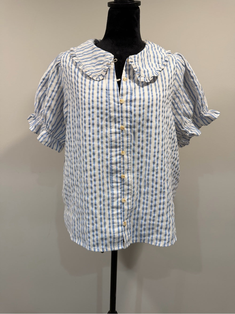 GT-0237 Umgee Blue White Striped Peter Pan Collar Puff Sleeve Blouse L