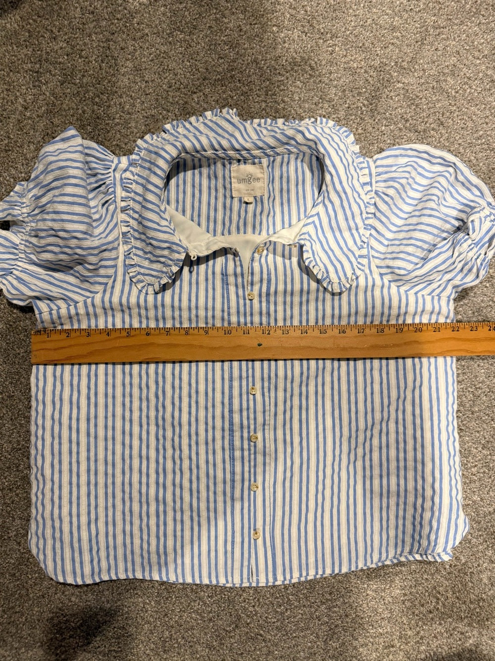 GT-0237 Umgee Blue White Striped Peter Pan Collar Puff Sleeve Blouse L