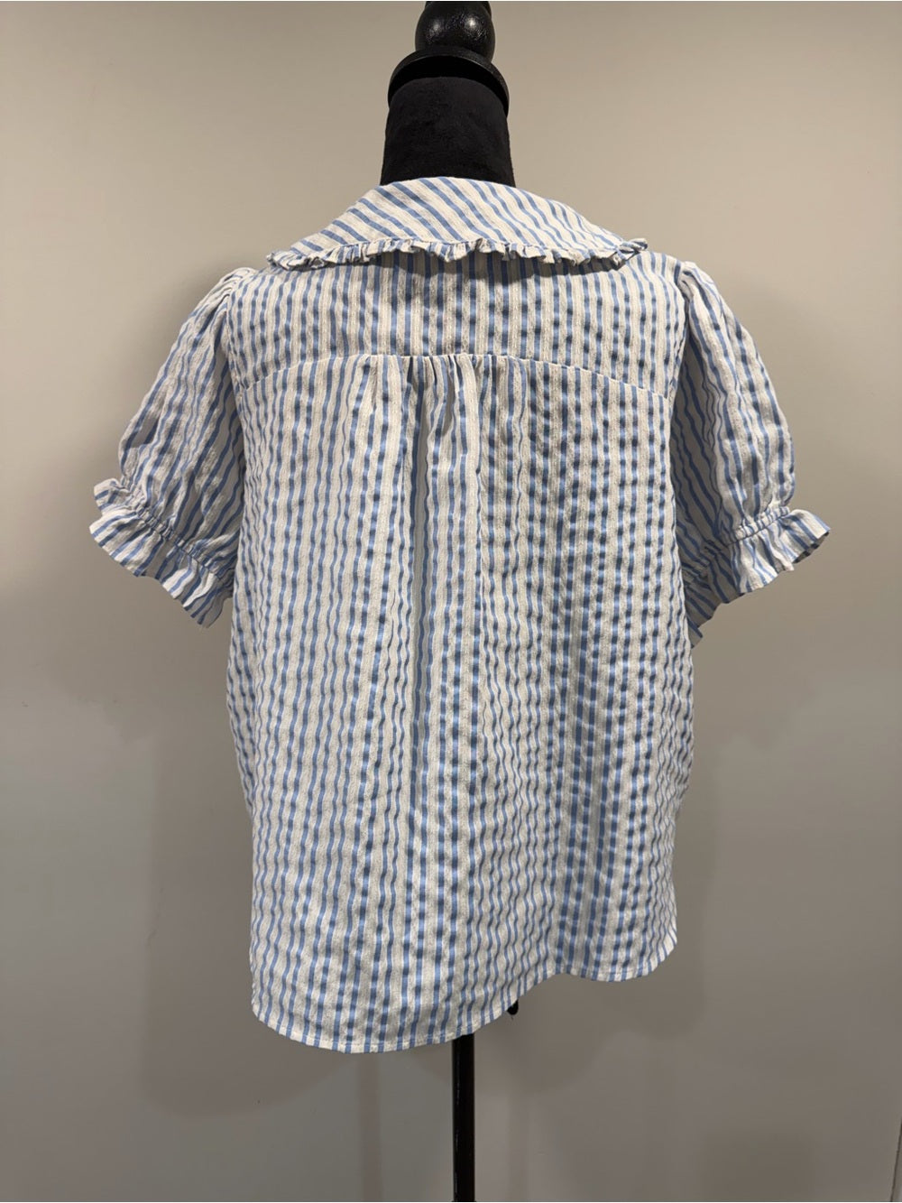 GT-0237 Umgee Blue White Striped Peter Pan Collar Puff Sleeve Blouse L