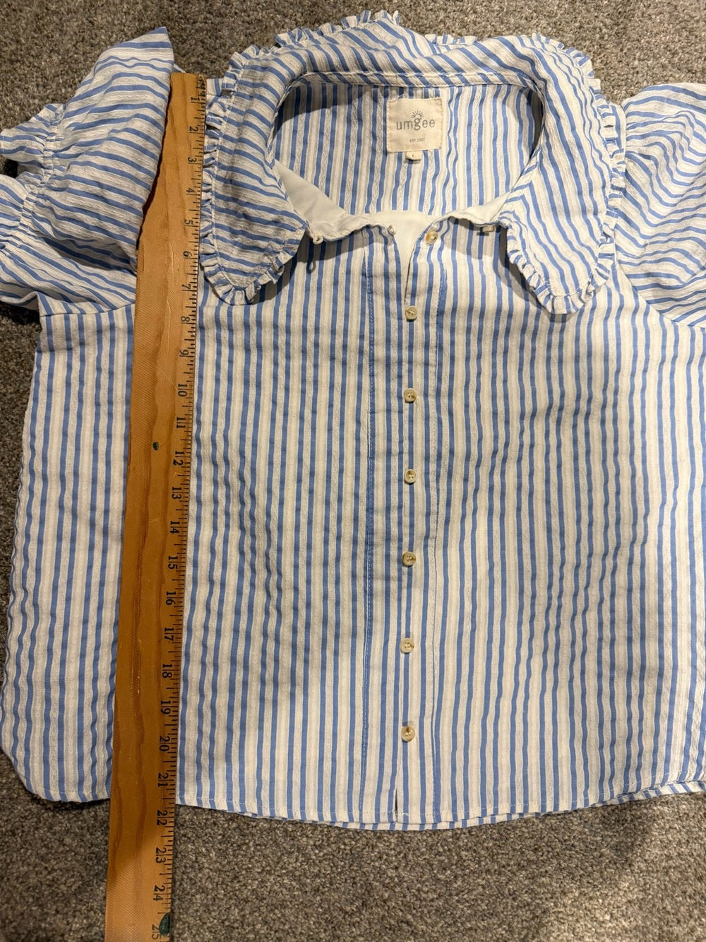 GT-0237 Umgee Blue White Striped Peter Pan Collar Puff Sleeve Blouse L