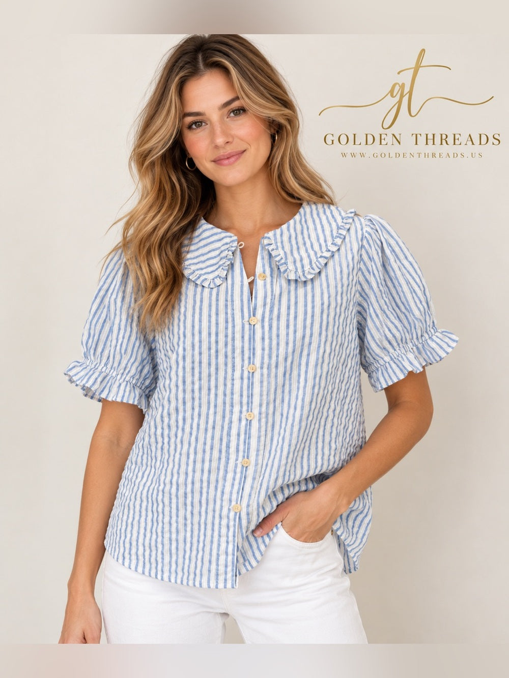 GT-0237 Umgee Blue White Striped Peter Pan Collar Puff Sleeve Blouse L