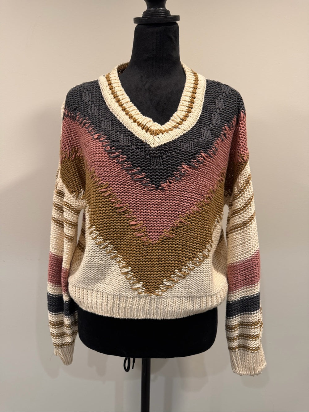 GT-0239 Saltwater Luxe Chunky Knit Chevron V Neck Sweater XS