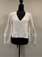 GT-0240 Free People White Cotton V Neck Bell Sleeve Knit Sweater