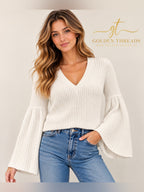 GT-0240 Free People White Cotton V Neck Bell Sleeve Knit Sweater