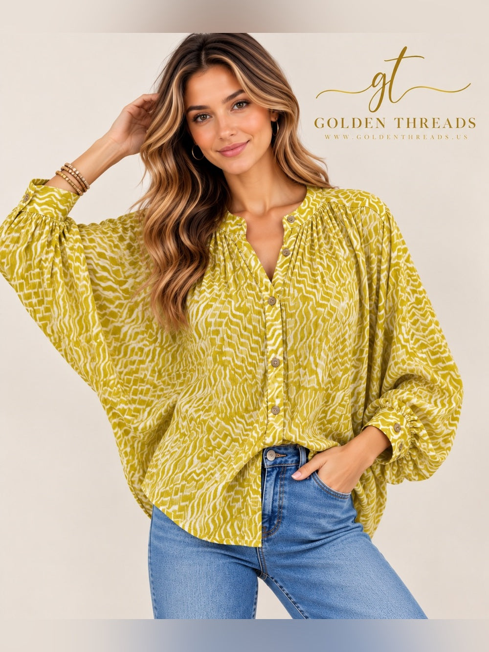 GT-0243 Pilcro Anthropologie Yellow White Printed Button Front Blouse M