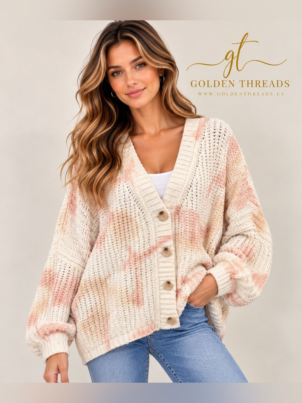 POL Women’s Pink Cream Tie Dye Chunky Knit Button Cardigan NWT S