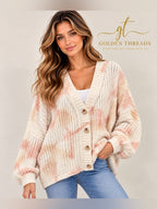 POL Women’s Pink Cream Tie Dye Chunky Knit Button Cardigan NWT S