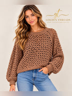 Z Supply Cassian Open Knit Crochet Sweater Brown NWT Size S