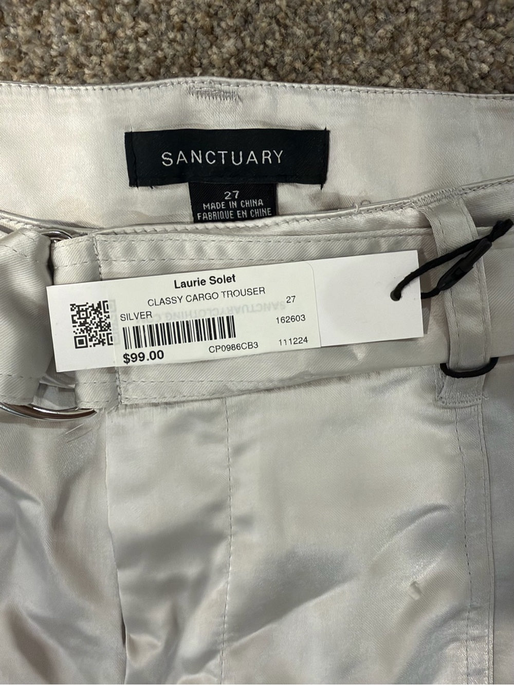 GT-0227 NWT Sanctuary Classy Cargo Satin Pants Silver Size 27