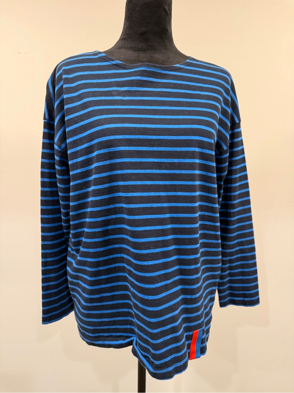 GT-0247 KULE Navy Blue Striped Breton Cotton Tee M Made in USA Nautical