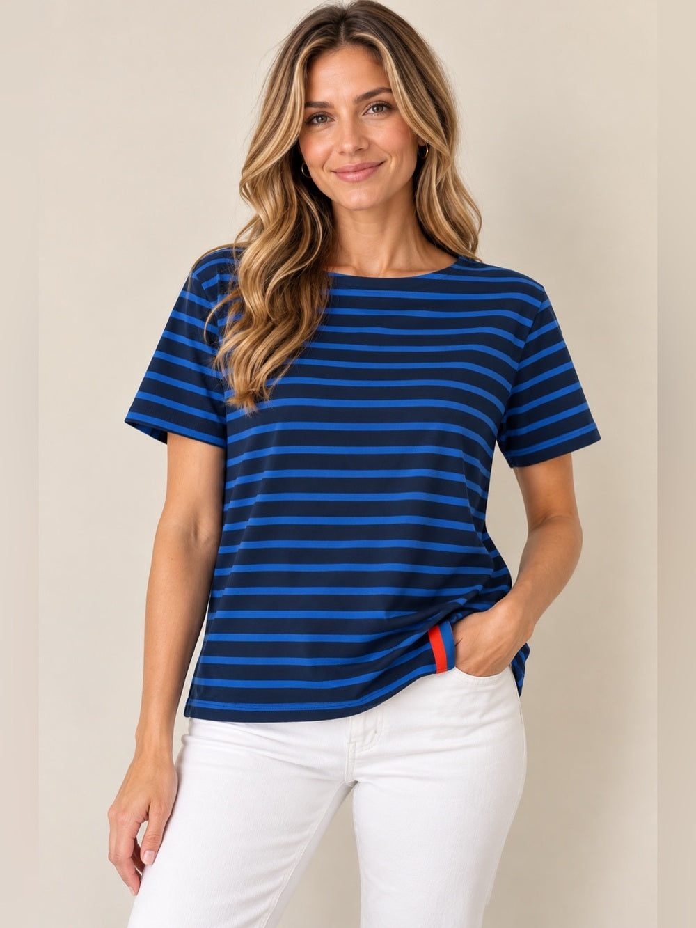GT-0247 KULE Navy Blue Striped Breton Cotton Tee M Made in USA Nautical