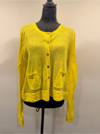 GT-0245 Fossil Yellow Sheer Knit Button Front Cardigan Sweater L Pockets