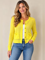 GT-0245 Fossil Yellow Sheer Knit Button Front Cardigan Sweater L Pockets