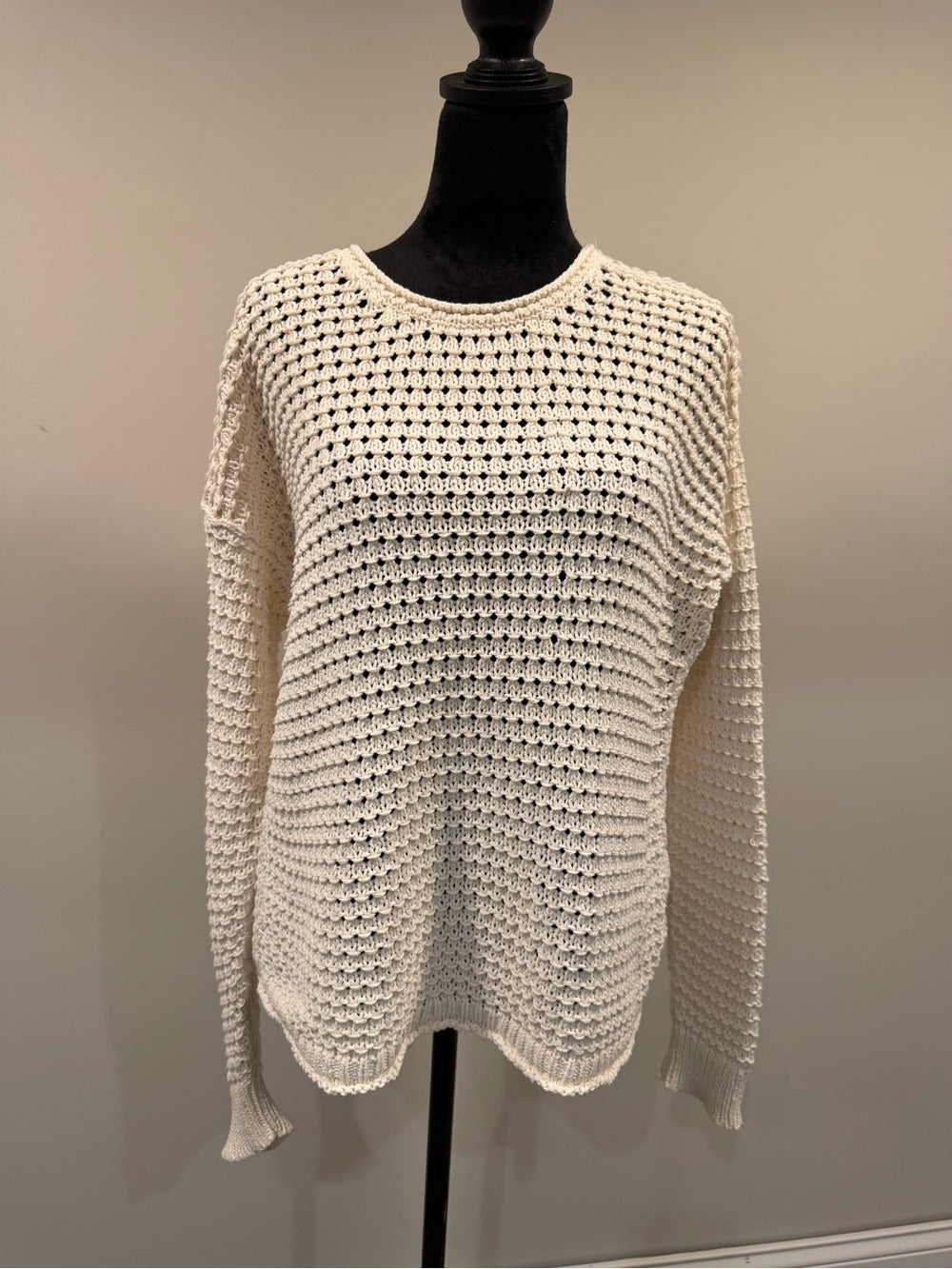 GT-0248 Madewell Ivory Crochet Open Knit Cotton Sweater M Coastal Boho