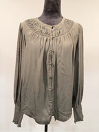 GT-0249 Ramy Brook Olive Green Ruched Button Front Blouse XS Smocked Cuffs