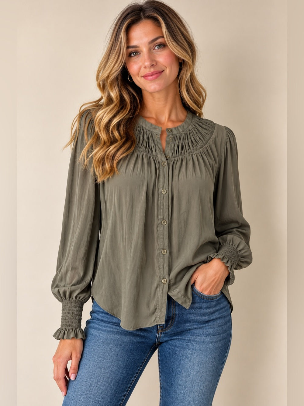 GT-0249 Ramy Brook Olive Green Ruched Button Front Blouse XS Smocked Cuffs