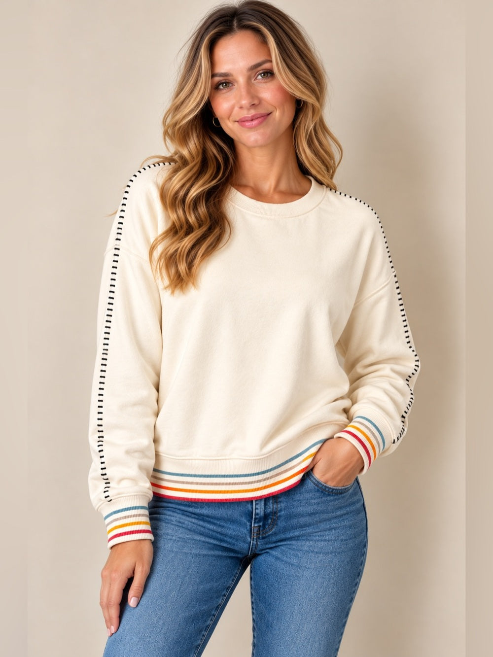 GT-0250 Spiritual Gangster Cream Rainbow Stripe Sweatshirt M Retro Boho
