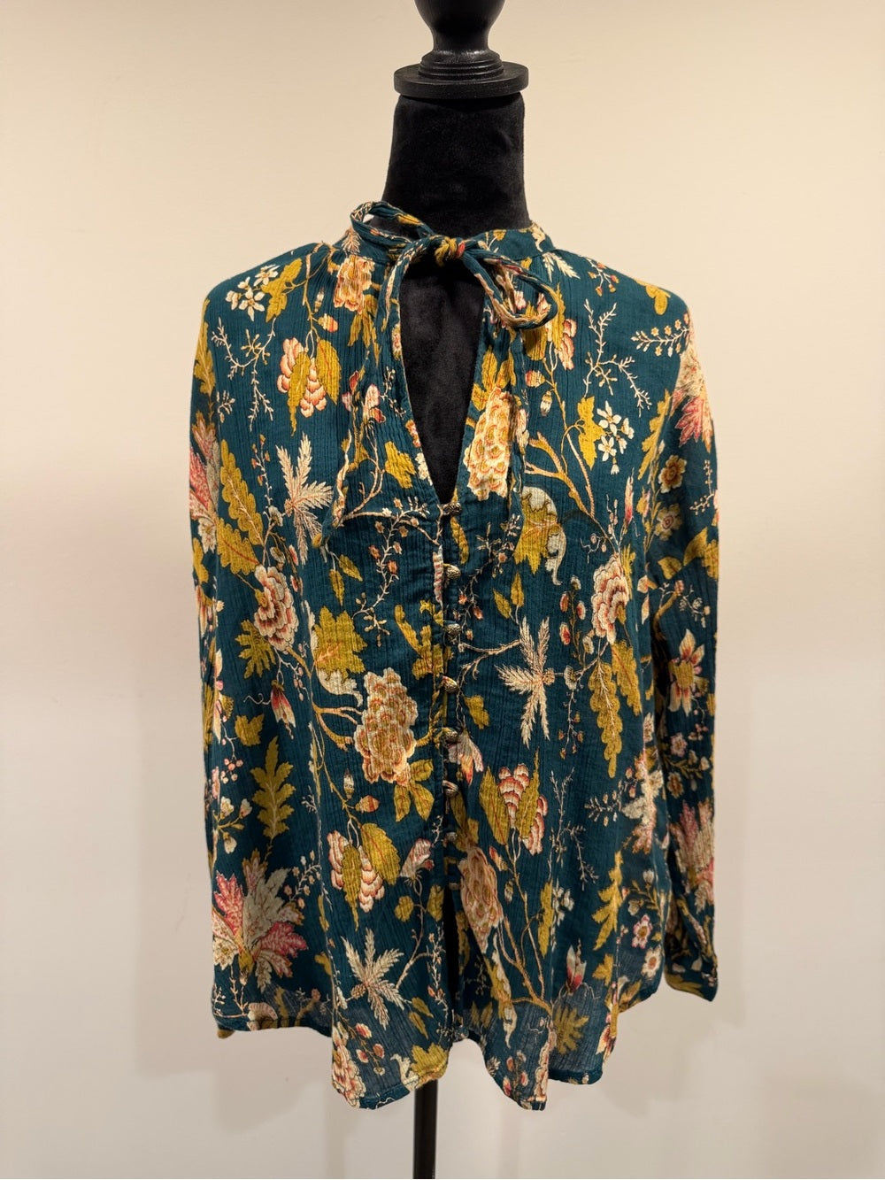 GT-0251 Pilcro Anthropologie Teal Floral Tie Neck Blouse 100% Cotton Boho