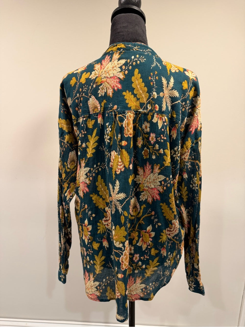 GT-0251 Pilcro Anthropologie Teal Floral Tie Neck Blouse 100% Cotton Boho