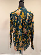 GT-0251 Pilcro Anthropologie Teal Floral Tie Neck Blouse 100% Cotton Boho